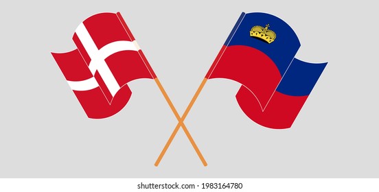 Crossed flags of Denmark and Liechtenstein. Official colors. Correct proportion