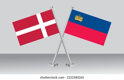 Crossed flags of Denmark and Liechtenstein. Official colors. Correct proportion. Banner design