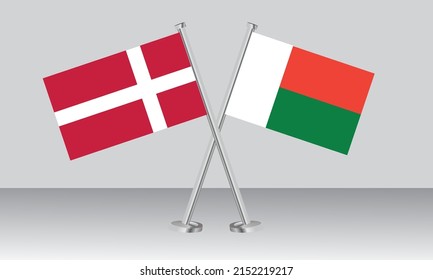 Crossed flags of Denmark and Madagascar. Official colors. Correct proportion. Banner design