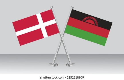 Crossed flags of Denmark and Malawi. Official colors. Correct proportion. Banner design