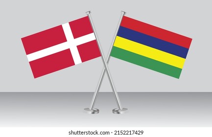 Crossed flags of Denmark and Mauritius. Official colors. Correct proportion. Banner design