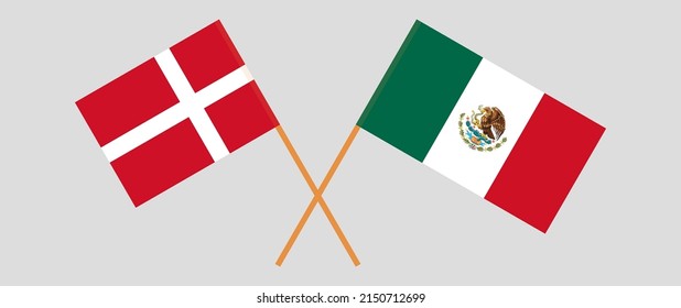 Banderas cruzadas de Dinamarca y México. Colores oficiales. Proporción correcta. Ilustración del vector
