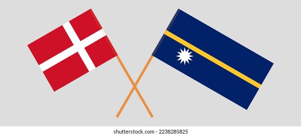 Gekreuzte Flaggen von Dänemark und Nauru. Offizielle Farben. Richtiger Anteil. Vektorgrafik
