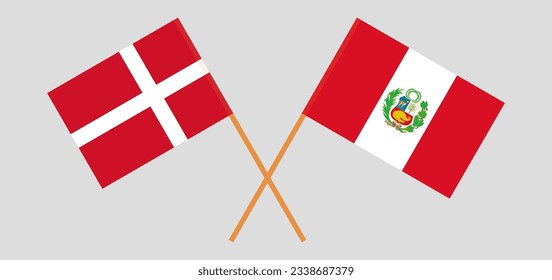 Crossed flags of Denmark and Peru. Official colors. Correct proportion. Vector illustration
