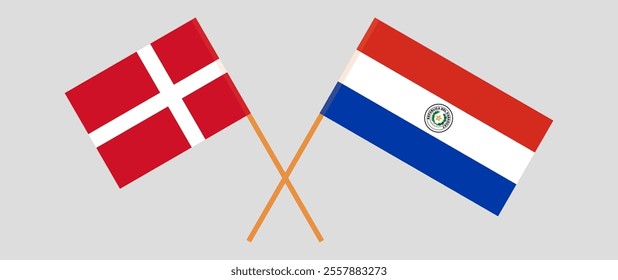 Crossed flags of Denmark and Republic of Paraguay. Official colors. Correct proportion. Vector illustration.
