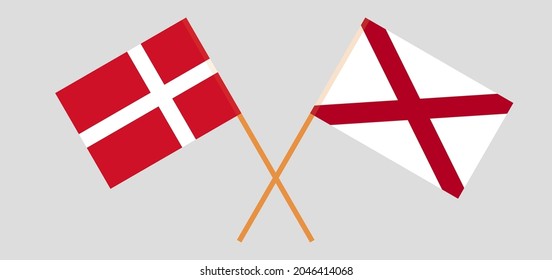 Überquerte Flaggen Dänemarks und des Staates Alabama. Offizielle Farben. Richtiger Anteil
