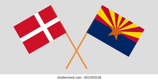 Crossed flags of Denmark and the State of Arizona. Official colors. Correct proportion