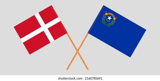 Crossed flags of Denmark and The State of Nevada. Official colors. Correct proportion. Vector illustration
