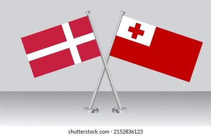 Gekreuzte Flaggen von Dänemark und Tonga. Offizielle Farben. Richtiger Anteil. Banner-Design