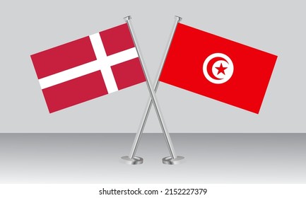 Crossed flags of Denmark and Tunisia. Official colors. Correct proportion. Banner design