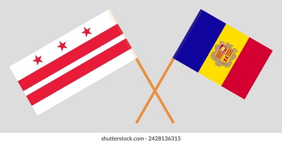 Crossed flags of the District of Columbia and Andorra. Official colors. Correct proportion. Vector illustration
