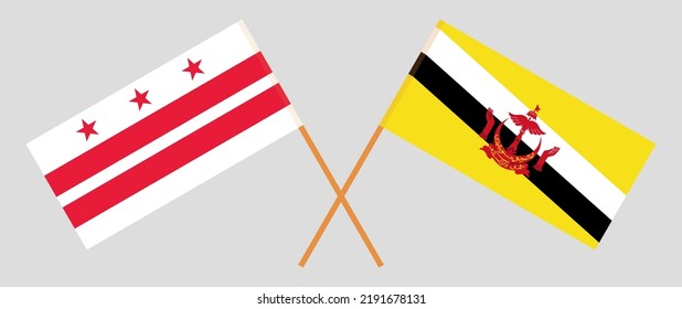 Crossed flags of the District of Columbia and Brunei. Official colors. Correct proportion. Vector illustration

