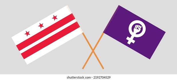 Crossed flags of the District of Columbia and Feminism. Official colors. Correct proportion. Vector illustration
