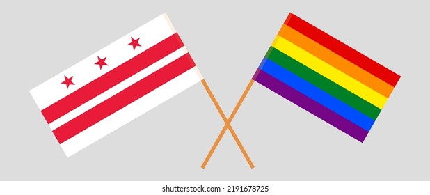 Crossed flags of the District of Columbia and LGBTQ. Official colors. Correct proportion. Vector illustration
