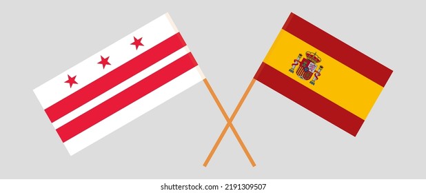 Crossed flags of the District of Columbia and Spain. Official colors. Correct proportion. Vector illustration
