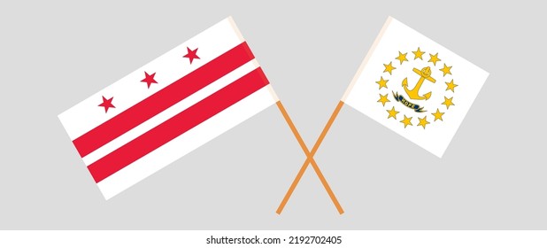 Überquerte Flaggen des Bezirks Columbia und des Staates Rhode Island. Offizielle Farben. Richtiger Anteil. Vektorgrafik
