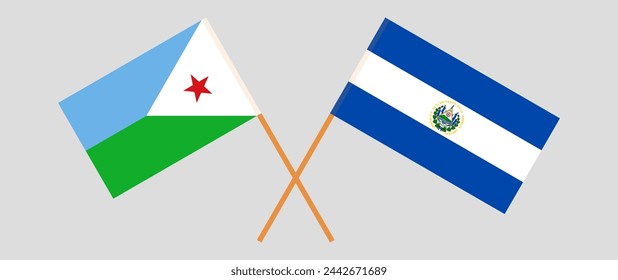 Crossed flags of Djibouti and El Salvador. Official colors. Correct proportion. Vector illustration
