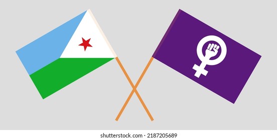 Crossed flags of Djibouti and Feminism. Official colors. Correct proportion. Vector illustration
