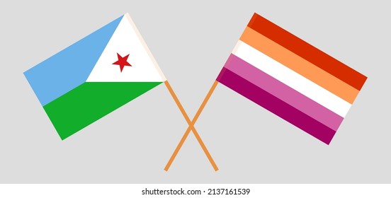 Crossed flags of Djibouti and Lesbian Pride. Official colors. Correct proportion. Vector illustration
