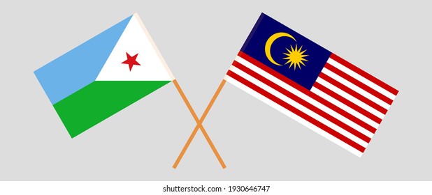 Crossed flags of Djibouti and Malaysia. Official colors. Correct proportion