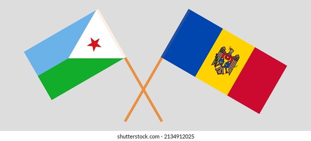 Crossed flags of Djibouti and Moldova. Official colors. Correct proportion. Vector illustration
