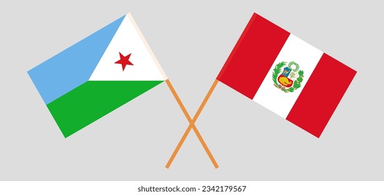 Crossed flags of Djibouti and Peru. Official colors. Correct proportion. Vector illustration
