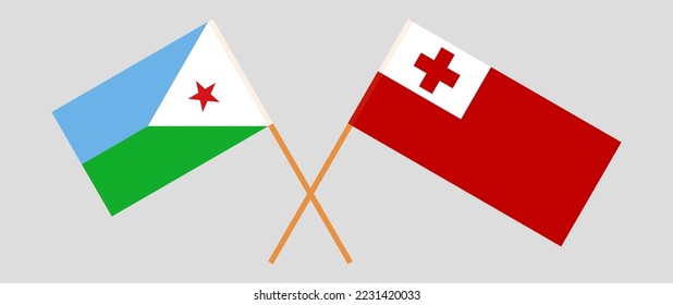 Crossed flags of Djibouti and Tonga. Official colors. Correct proportion. Vector illustration
