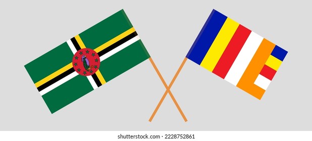 Crossed flags of Dominica and Buddhism. Official colors. Correct proportion