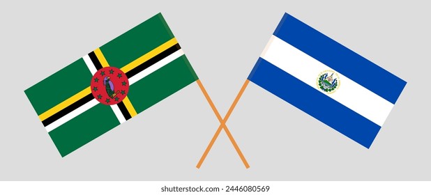 Crossed flags of Dominica and El Salvador. Official colors. Correct proportion. Vector illustration
