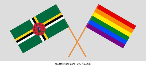 Crossed flags of Dominica and LGBTQ. Official colors. Correct proportion. Vector illustration
