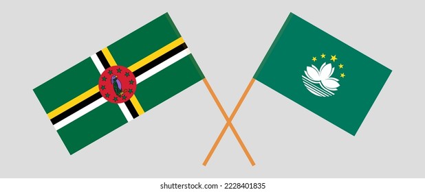 Crossed flags of Dominica and Macau. Official colors. Correct proportion. Vector illustration

