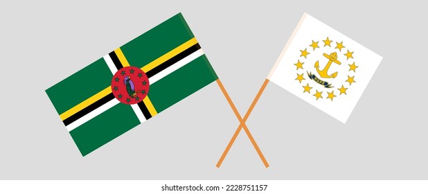 Banderas cruzadas de Dominica y el estado de la isla Rhode. Colores oficiales. Proporción correcta. Ilustración del vector
