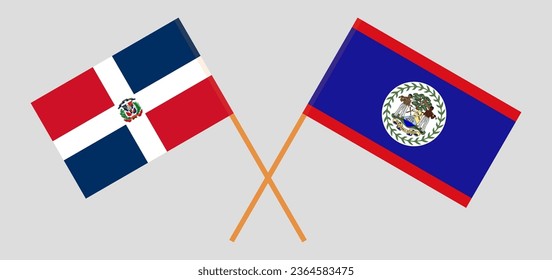 Crossed flags of Dominican Republic and Belize. Official colors. Correct proportion. Vector illustration
