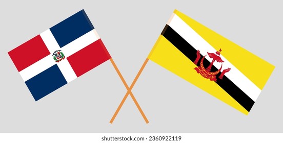 Crossed flags of Dominican Republic and Brunei. Official colors. Correct proportion. Vector illustration
