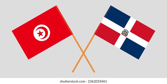 Crossed flags of Dominican Republic and Tunisia. Official colors. Correct proportion. Vector illustration
