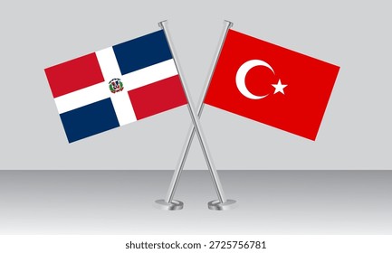 Banderas cruzadas de República Dominicana y Turquía. Colores oficiales. Proporción correcta. Diseño de Anuncio