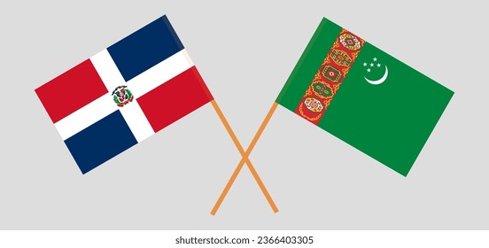 Crossed flags of Dominican Republic and Turkmenistan. Official colors. Correct proportion. Vector illustration
