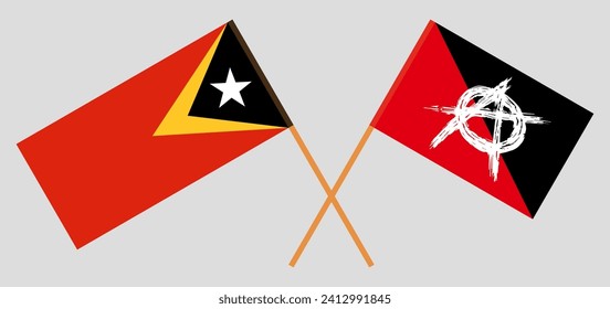 Crossed flags of East Timor and anarchy. Official colors. Correct proportion. Vector illustration
