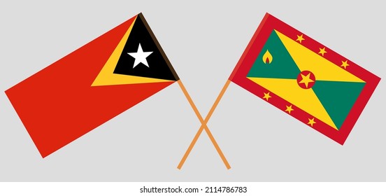 Banderas cruzadas de Timor Oriental y Granada. Colores oficiales. Proporción correcta. Ilustración del vector
