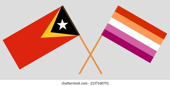 Crossed flags of East Timor and Lesbian Pride. Official colors. Correct proportion. Vector illustration
