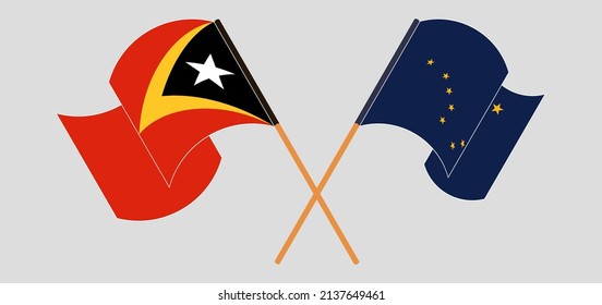 Banderas cruzadas de Timor Oriental y el Estado de Alaska. Colores oficiales. Proporción correcta. Ilustración del vector
