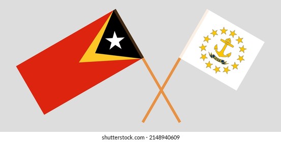Gekreuzte Flaggen von Osttimor und dem Staat Rhode Island. Offizielle Farben. Richtiger Anteil. Vektorgrafik
