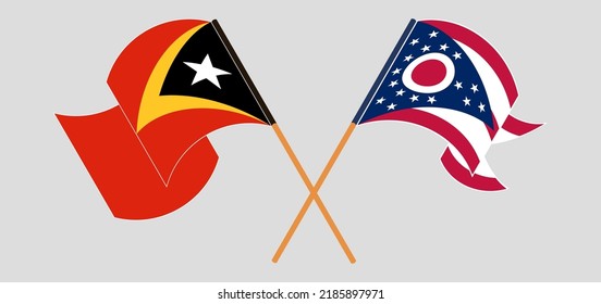 Banderas cruzadas de Timor Oriental y el Estado de Ohio. Colores oficiales. Proporción correcta. Ilustración del vector

