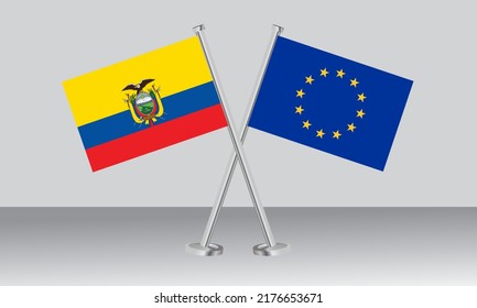 Crossed flags of Ecuador and European Union (EU). Official colors. Correct proportion. Banner design