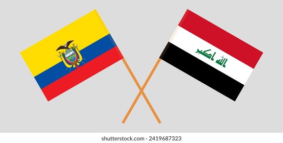 Crossed flags of Ecuador and Iraq. Official colors. Correct proportion. Vector illustration
