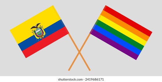 Crossed flags of Ecuador and LGBTQ. Official colors. Correct proportion. Vector illustration
