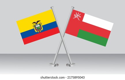 Banderas cruzadas de Ecuador y Omán. Colores oficiales. Proporción correcta. Diseño de pancartas
