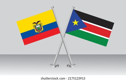 Crossed flags of Ecuador and South Sudan. Official colors. Correct proportion. Banner design