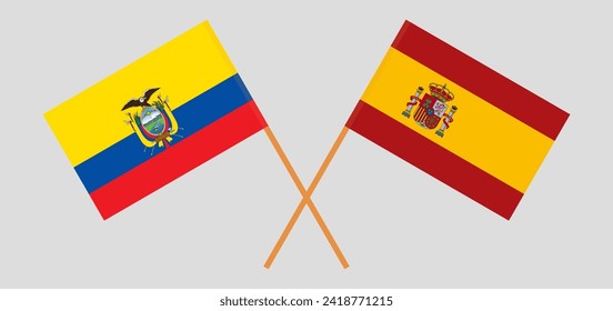 Crossed flags of Ecuador and Spain. Official colors. Correct proportion. Vector illustration
