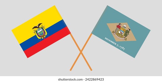 Crossed flags of Ecuador and The State of Delaware. Official colors. Correct proportion. Vector illustration
